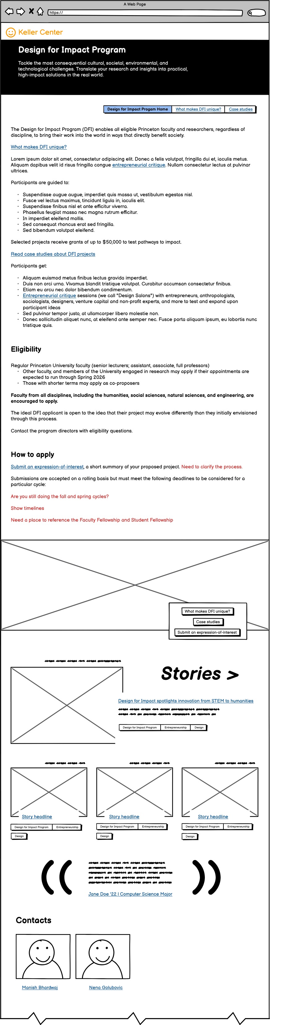 Low-fidelity Balsamiq wireframe of the DFI landing page