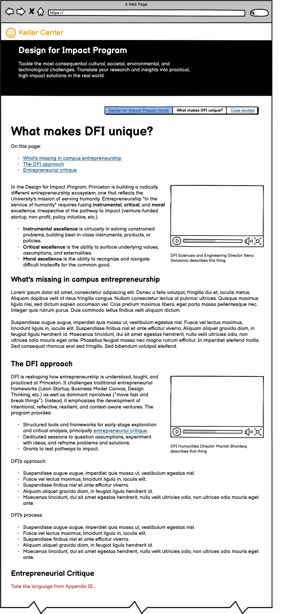 Low-fidelity Balsamiq wireframe of the What Makes DFI Unique page