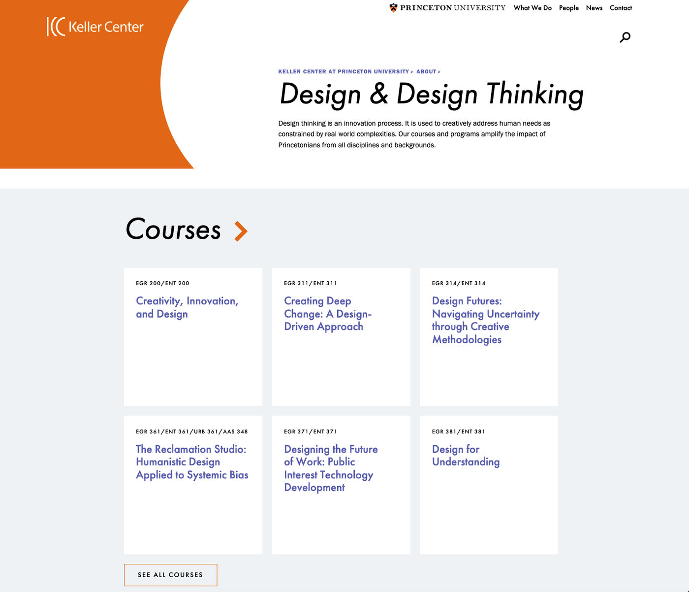 New Design & Design Thinking page with a short description and a grid of related courses.