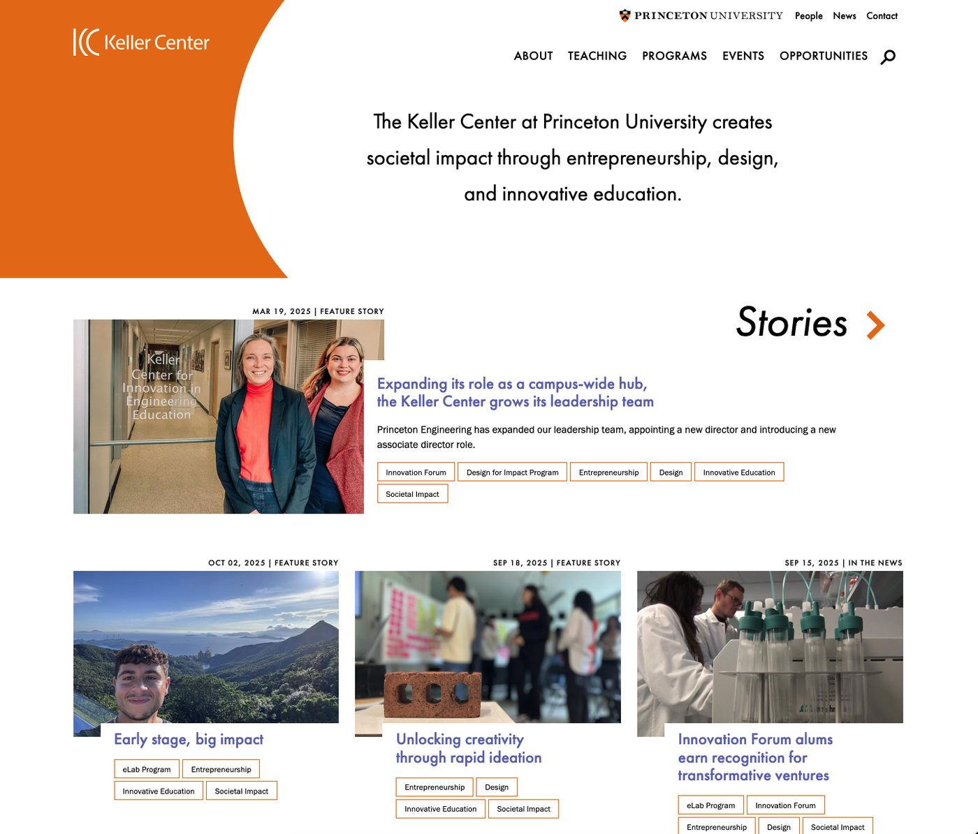 New Keller Center home page with primary and secondary top navigation, mission statement, and tagged stories