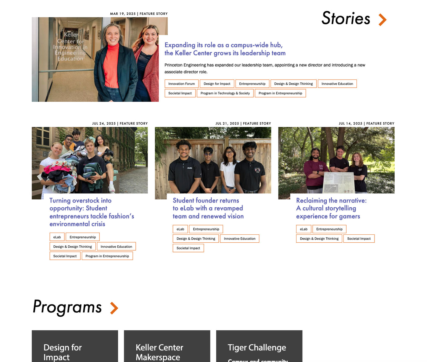 Lower on the new Design & Design Thinking page: feature stories with topic tags, followed by tiles for related programs