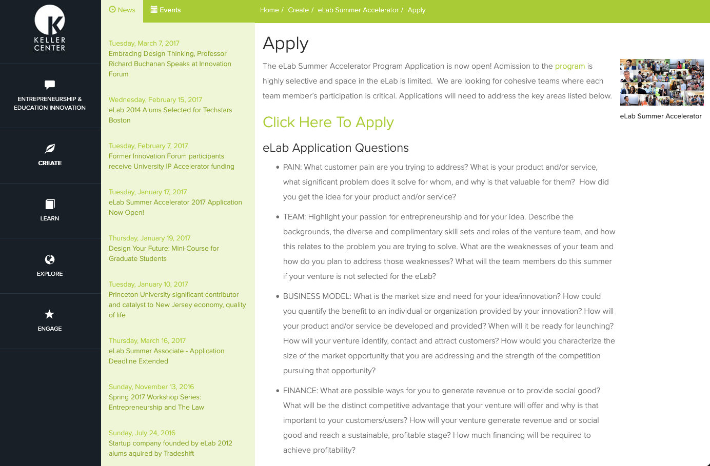 Old Apply page with a left column of news stories, long paragraphs of body text, and a link reading Click Here To Apply