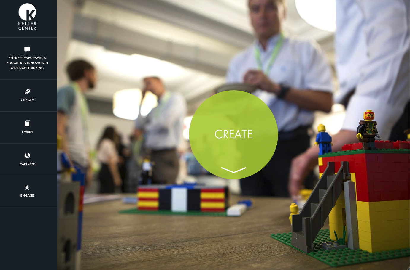 Old Keller Center home page with a sidebar of four verbs (Create, Learn, Explore, Engage) and a photo of people building with LEGO bricks under a green circle labeled Create.