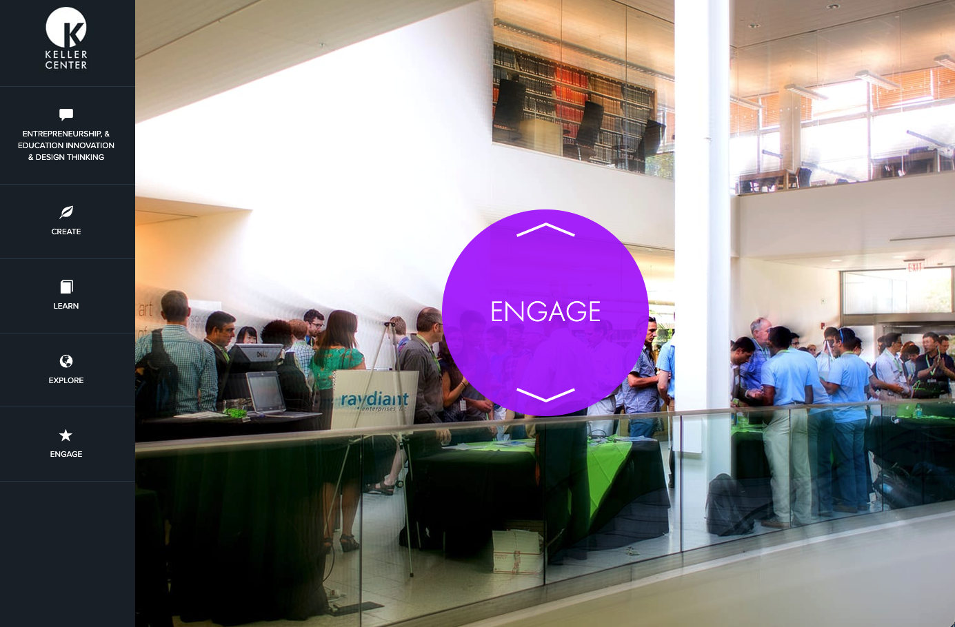 The old Engage screen: people gathered around project tables in an atrium under a purple circle labeled Engage.