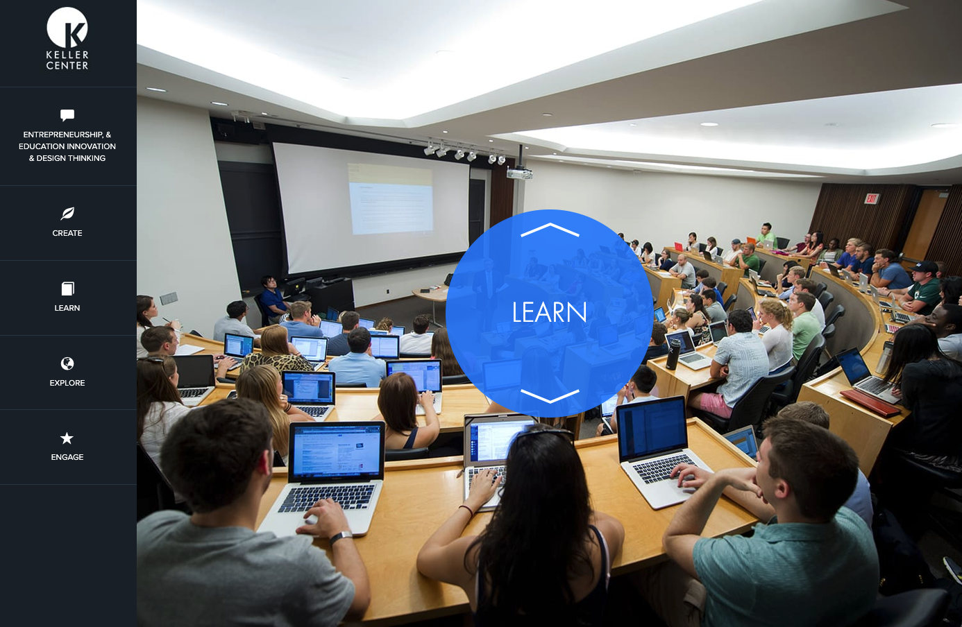 The old Learn screen: a lecture hall full of students with laptops under a blue circle labeled Learn.
